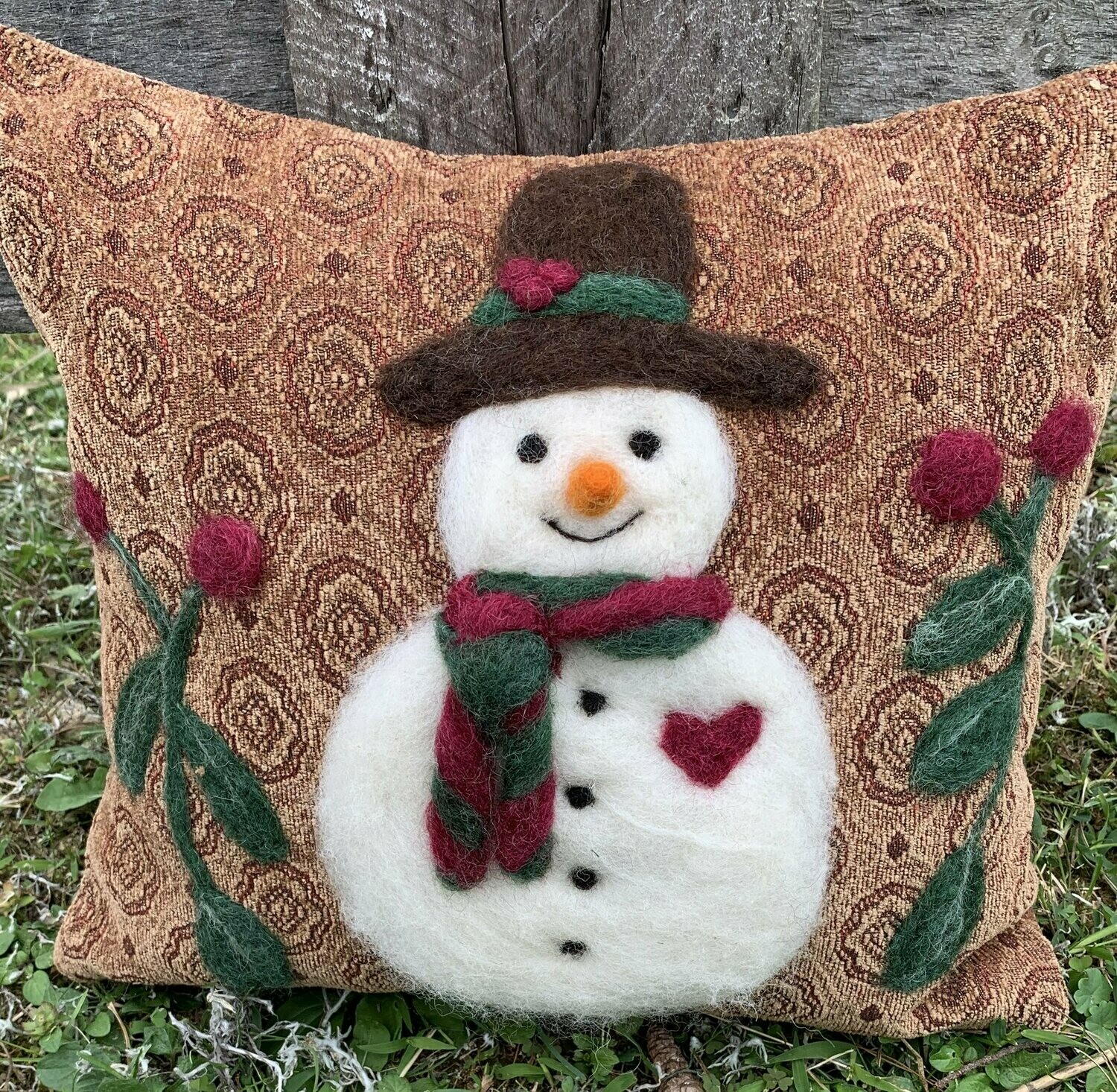 Needle Felted Snowman Pillow