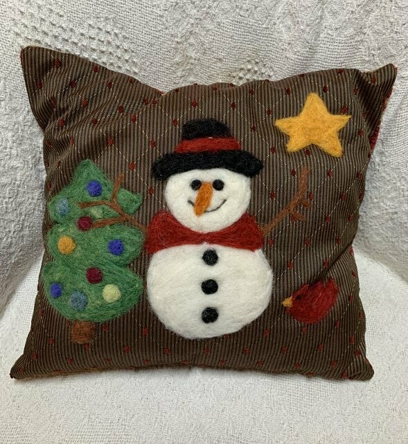 Needle Felted Snowman and Star Pillow