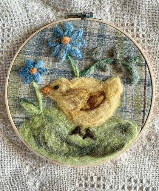 Felted Hoop Art - Chick and Blue Flowers