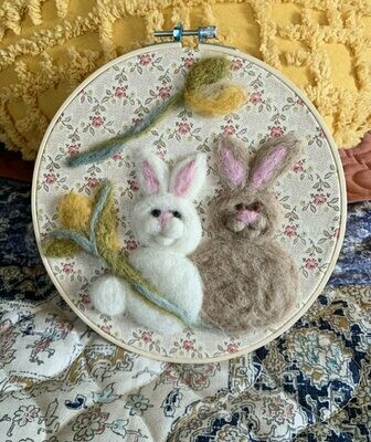 Felted Hoop Art - White and Tan Bunnies