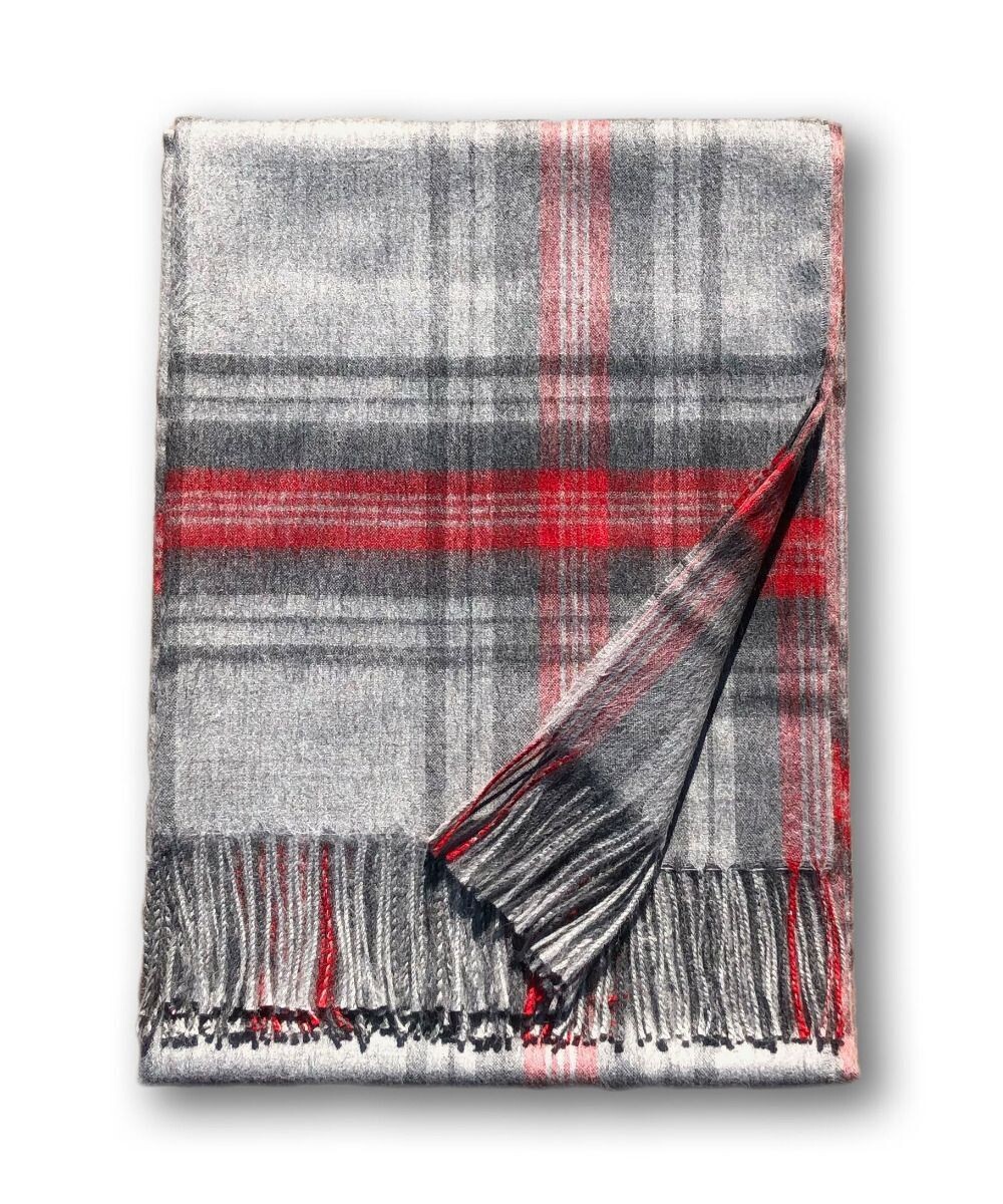 Gray and Red Plaid 100% Baby Alpaca Throw
