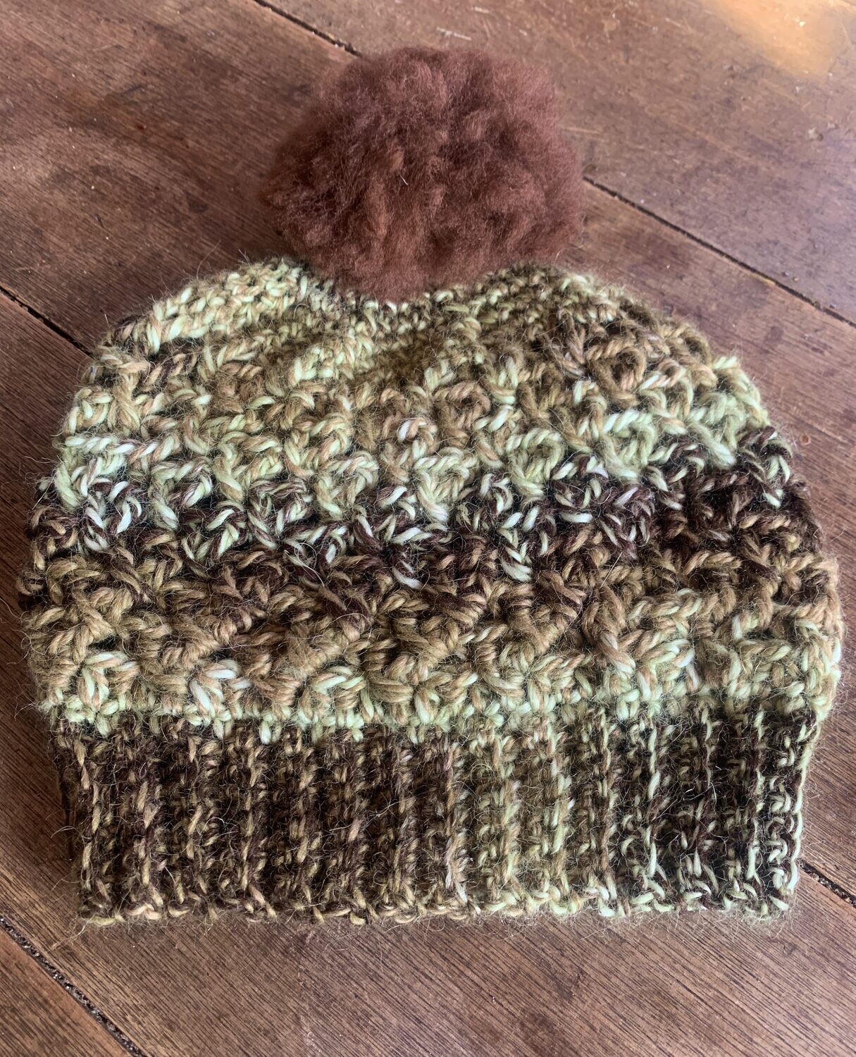 Green and Brown Alpaca Hat with Pom Pom