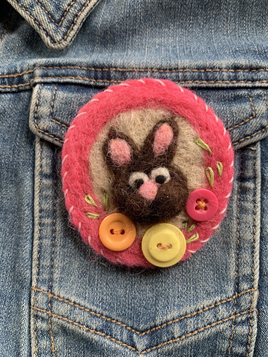 Brown Bunny Brooch with Buttons