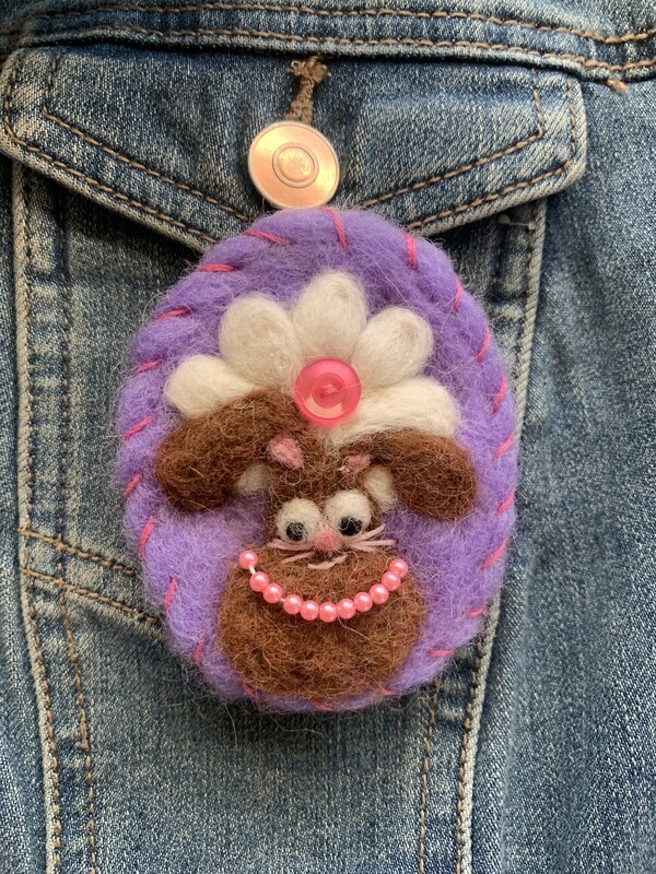 Brown Bunny Brooch with Button and Beads