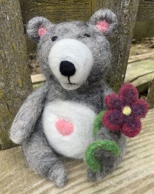 Needle Felted Gray Bear with Pink Heart and Flower