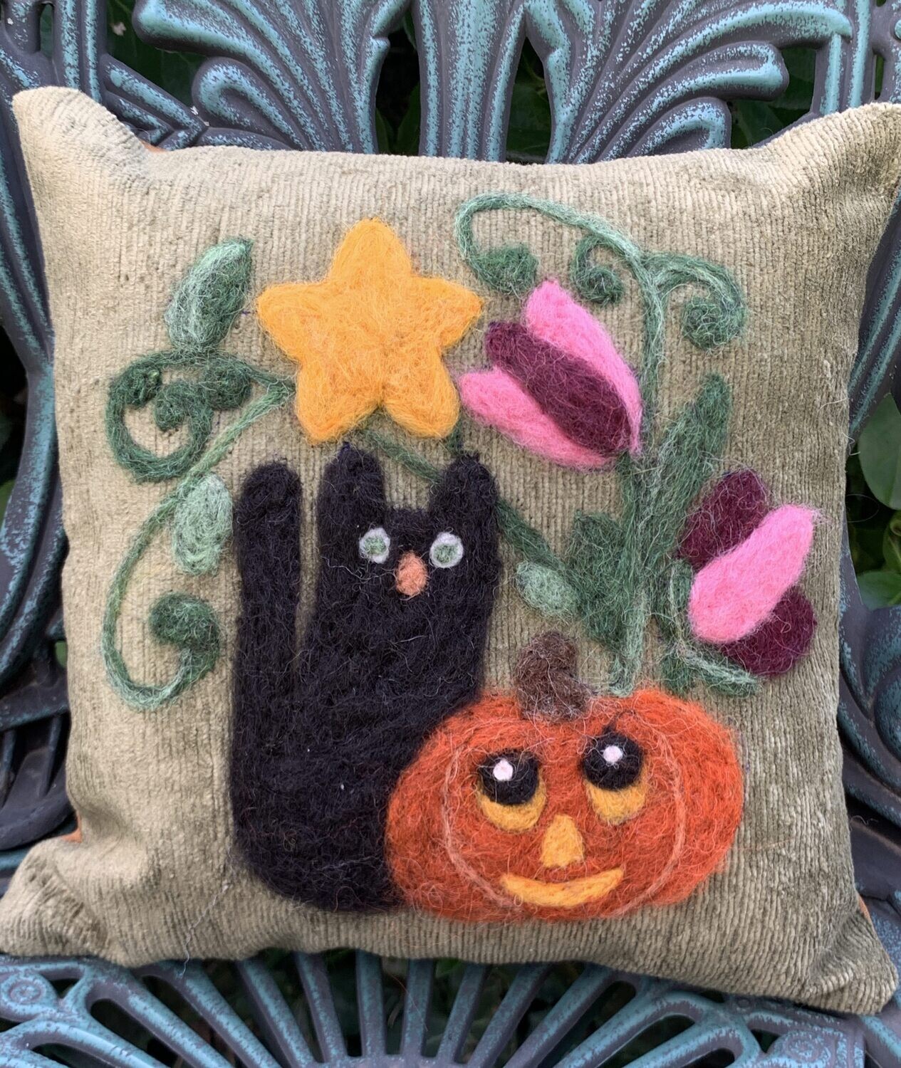 Needle Felted Halloween Pillow with Black Cat, Star, Pumpkin, Flowers