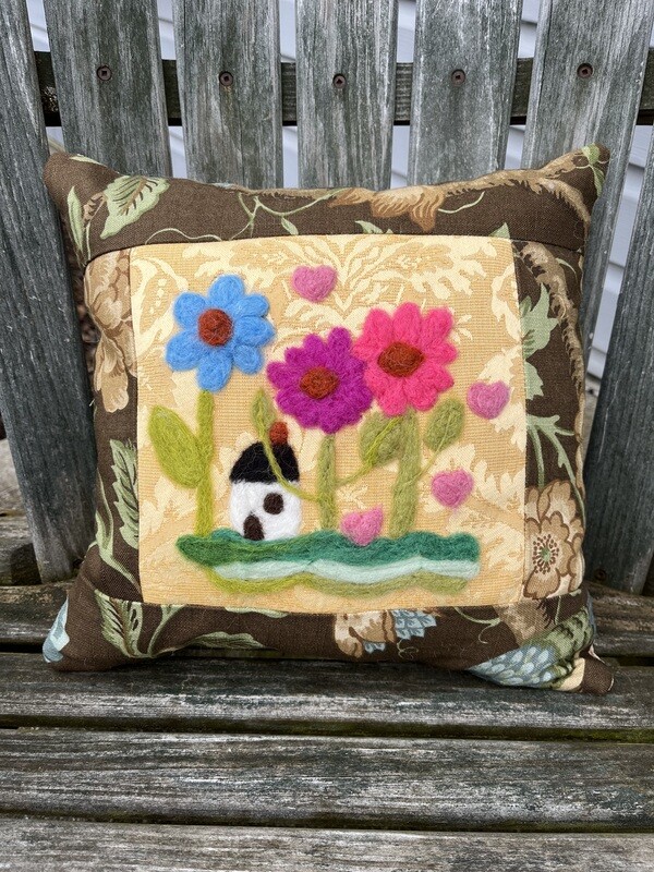 Needle Felted Pillow with House, Hearts, and Flowers