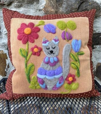 Felted Decorative Pillow with Gray Cat and Flowers