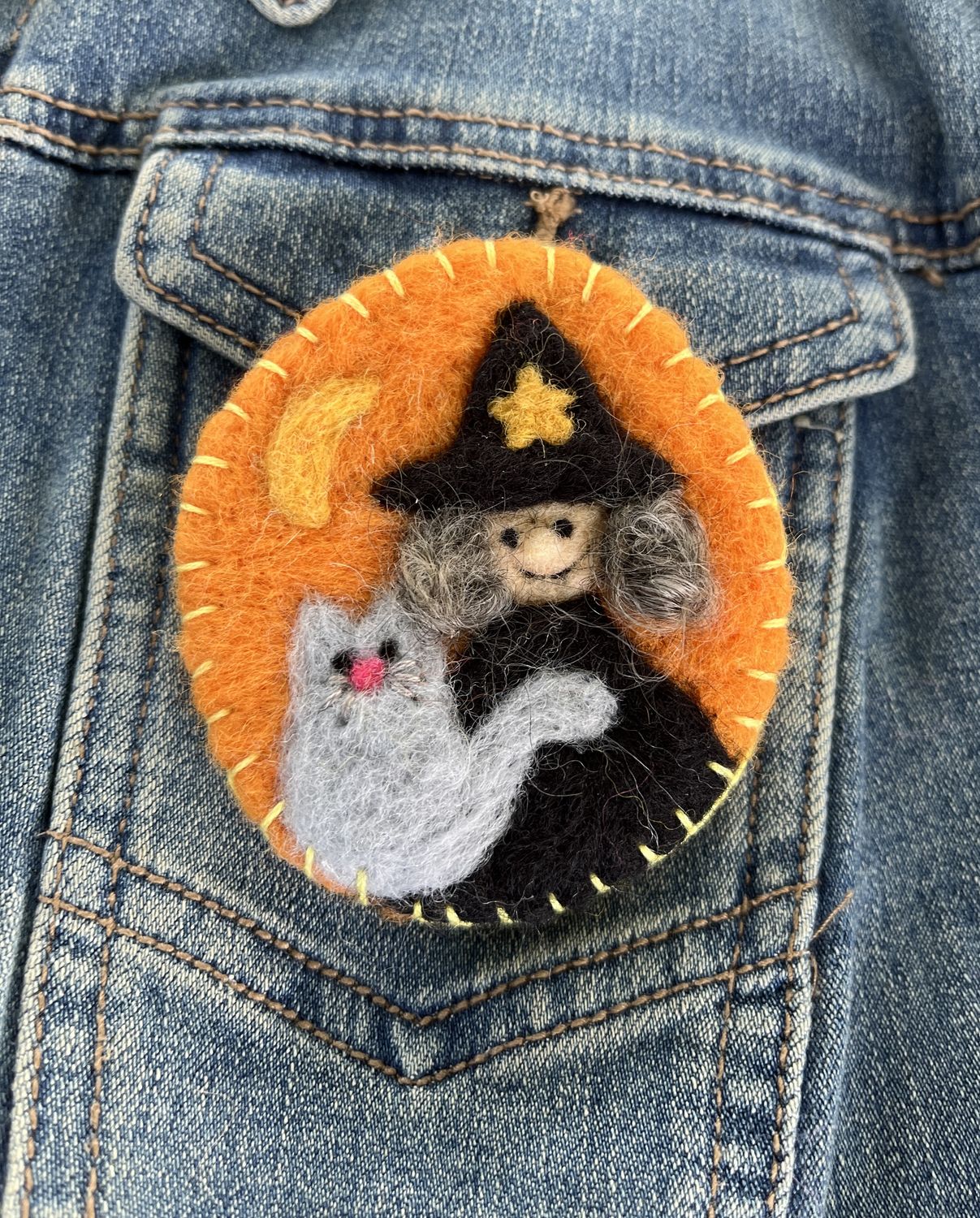 Needle Felted Witch Pin with Cat and Moon
