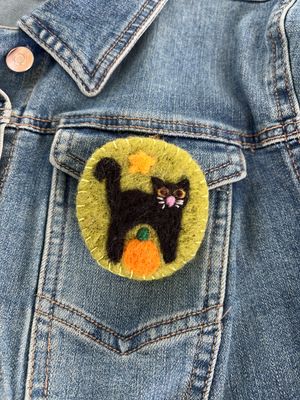 Needle Felted Black Cat with Pumpkin and Star