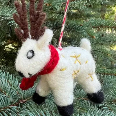 Embroidered White Reindeer Ornament