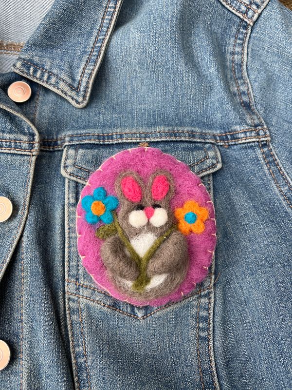 Needle Felted Grey Bunny Brooch