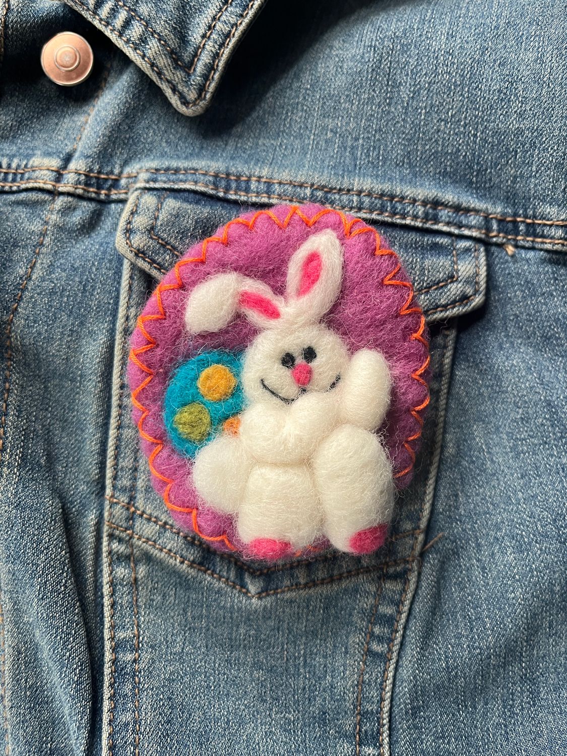 Needle Felted White Bunny Brooch with Easter Egg