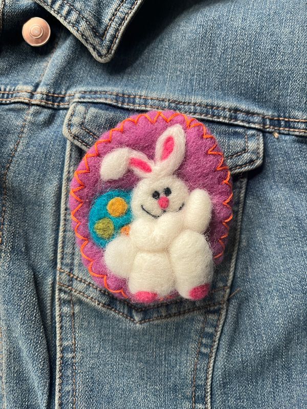 Needle Felted White Bunny Brooch with Easter Egg