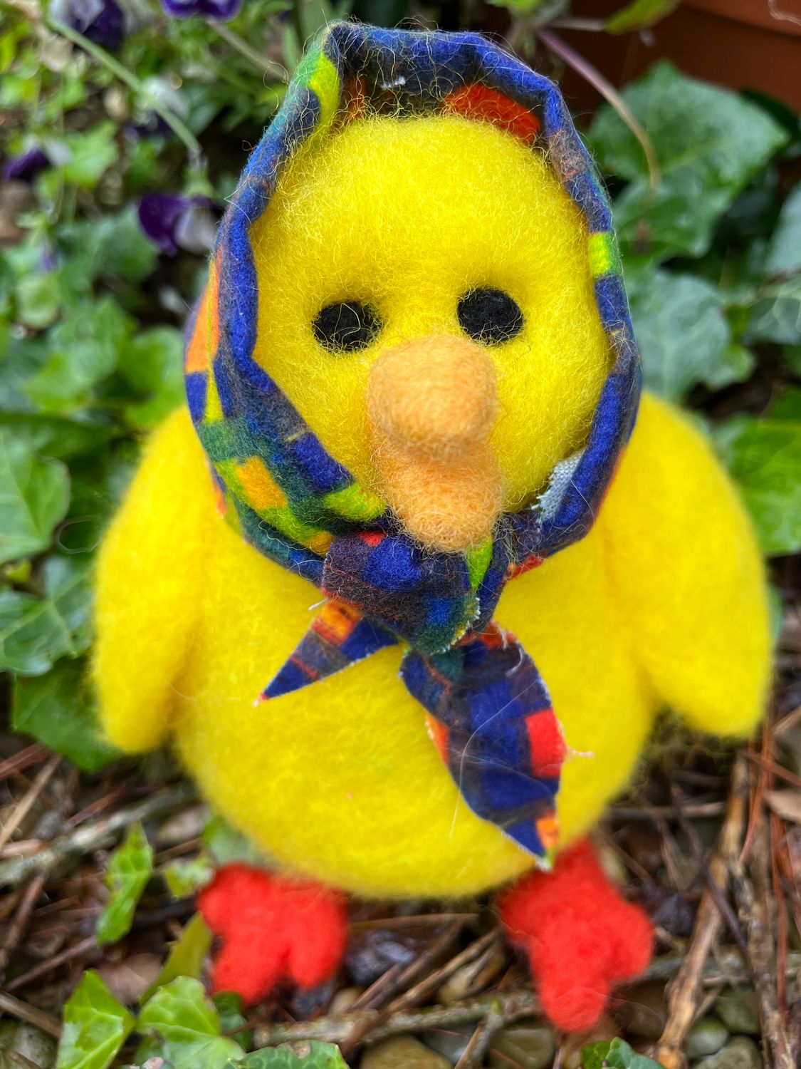 Needle Felted Yellow Chick with Navy Blue Plaid Scarf