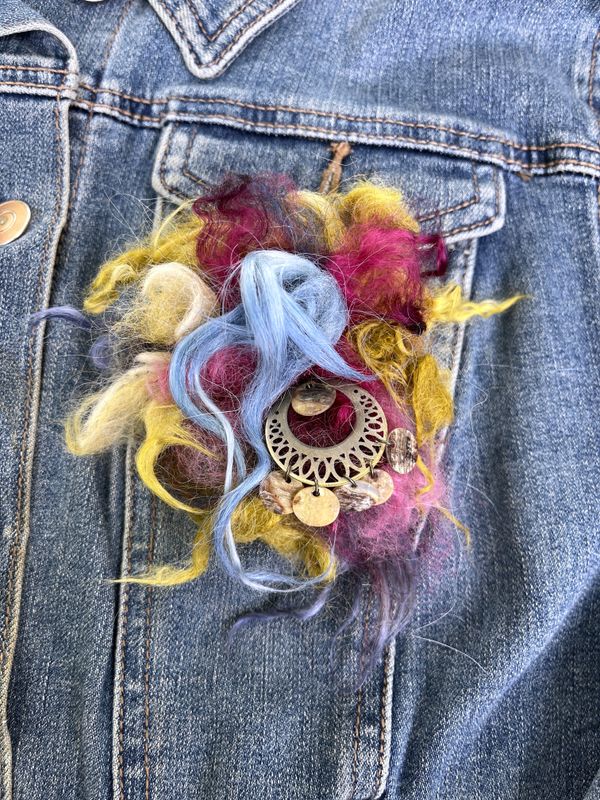 Colorful Fiber Art Brooch with Boho Dangle Charm