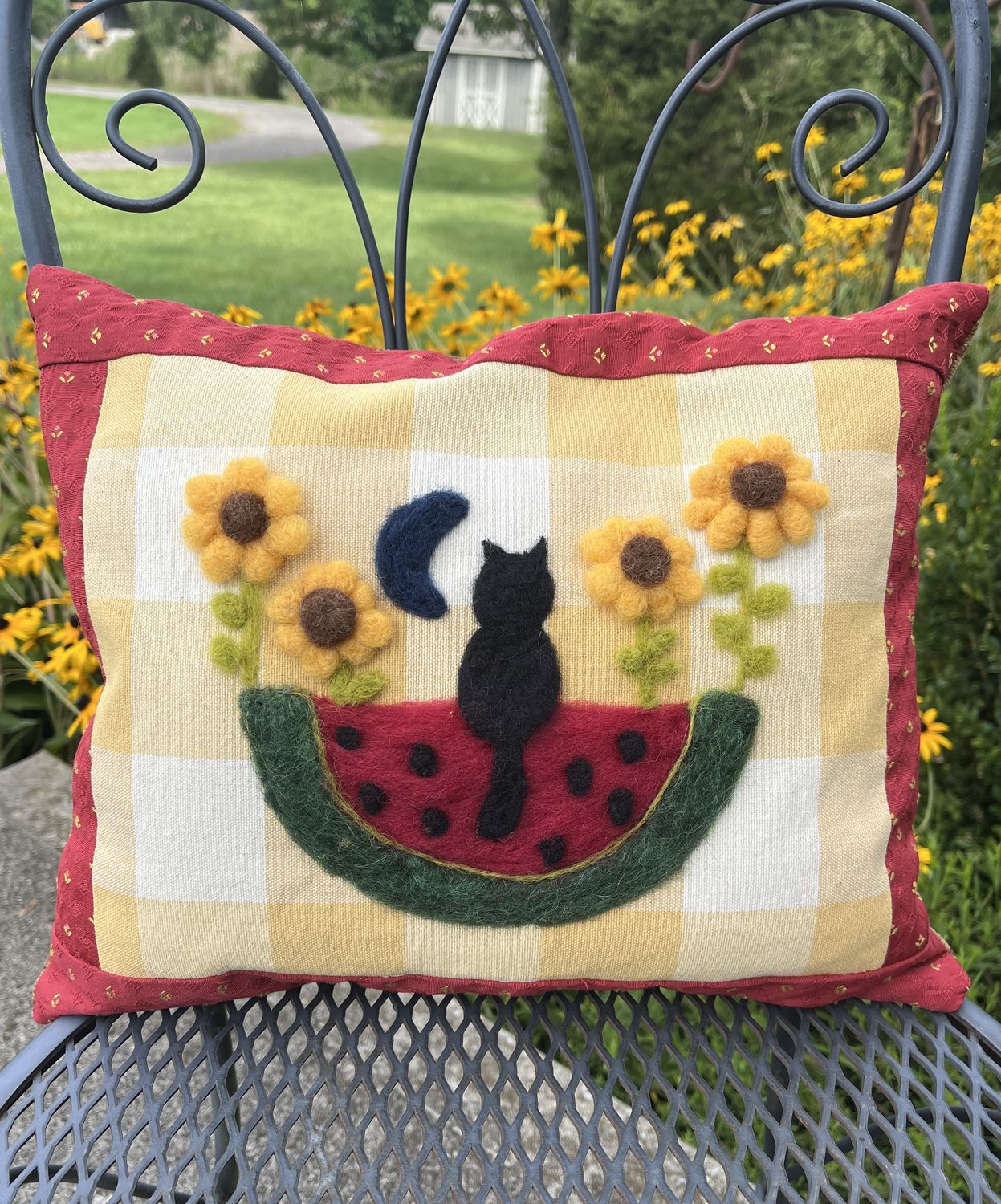 Needle Felted Cat and Watermelon Pillow with Sunflowers