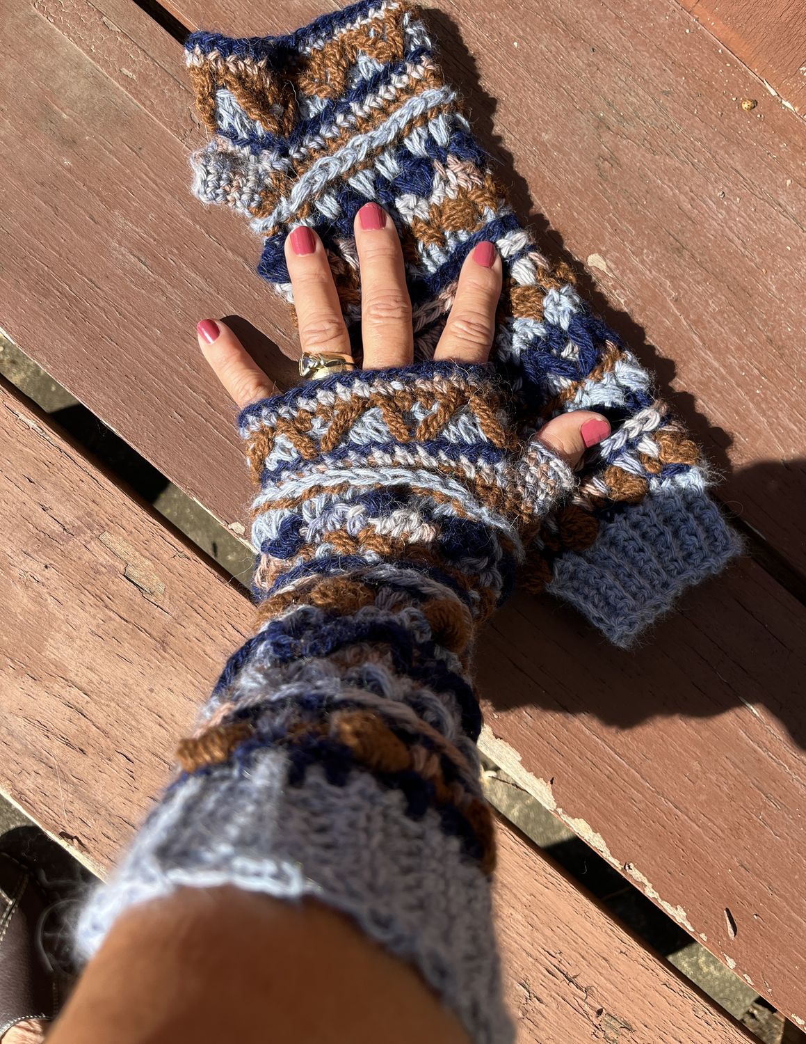 Alpaca Fingerless Gloves – Navy, Blue, and Brown