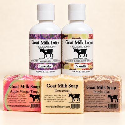 Whitetail Lane Farm goat milk soap bars with lavender and vanilla goat milk lotion.
