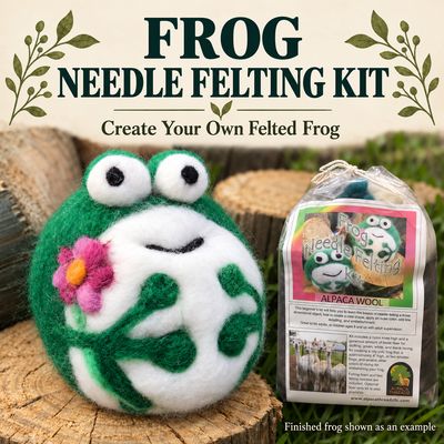 Frog needle felting kit contents including wool roving and felting tools