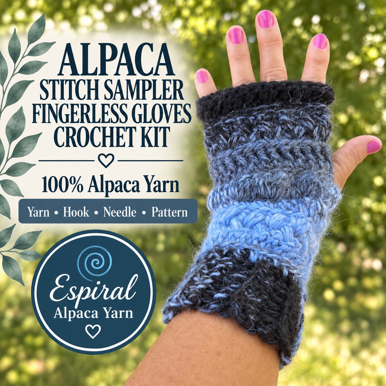 Alpaca Stitch Sampler Fingerless Gloves Crochet Kit – Espiral Yarn