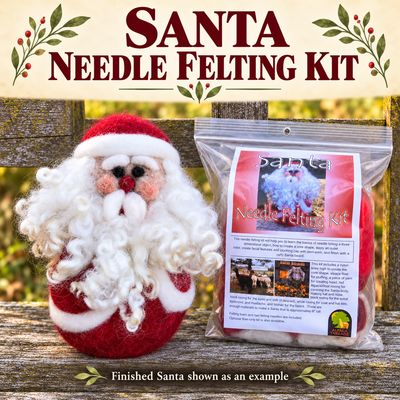 Santa needle felting kit package beside a finished round Santa with a red hat, white trim, and curly mohair beard on a rustic