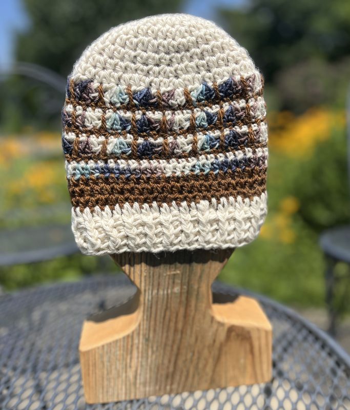 Hand-Crocheted Alpaca Hat - Cream, Brown, Denim