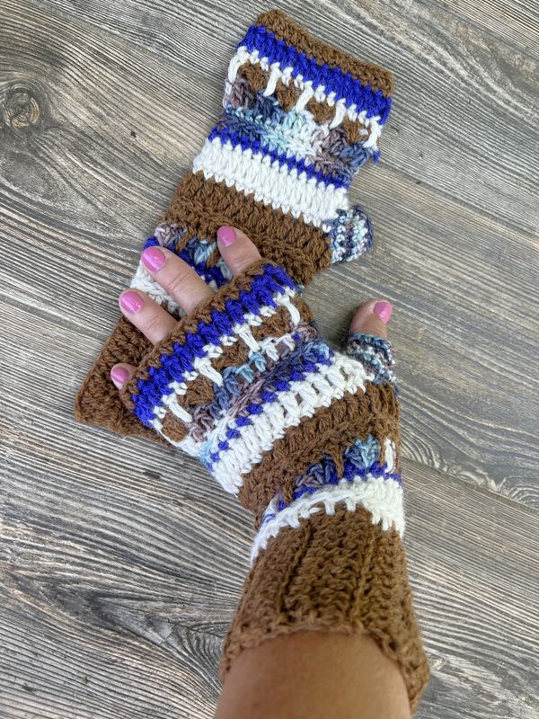 Alpaca Fingerless Gloves – Blue, and Brown, and Cream Alpaca Fingerless Gloves – Blue, and Brown, and Cream
