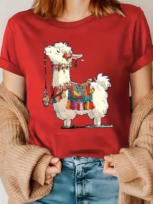 Boho Alpaca Graphic T-Shirt – Women's Casual Polyester Tee