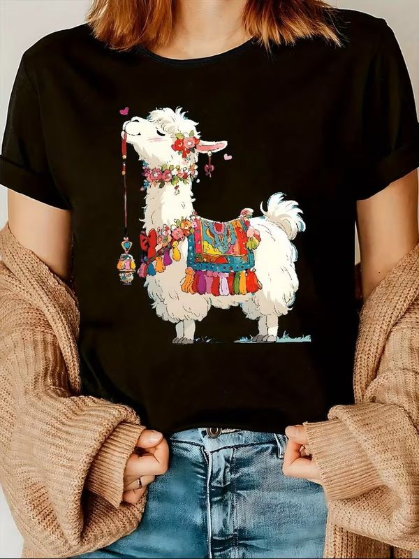 Boho Alpaca Graphic T-Shirt – Women's Casual Polyester Tee