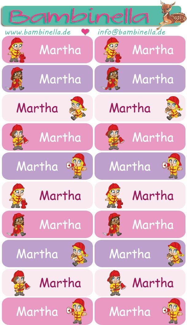 Namensticker &quot;Mischung Feuerwehrmädchen&quot; - 60 Klebeetiketten