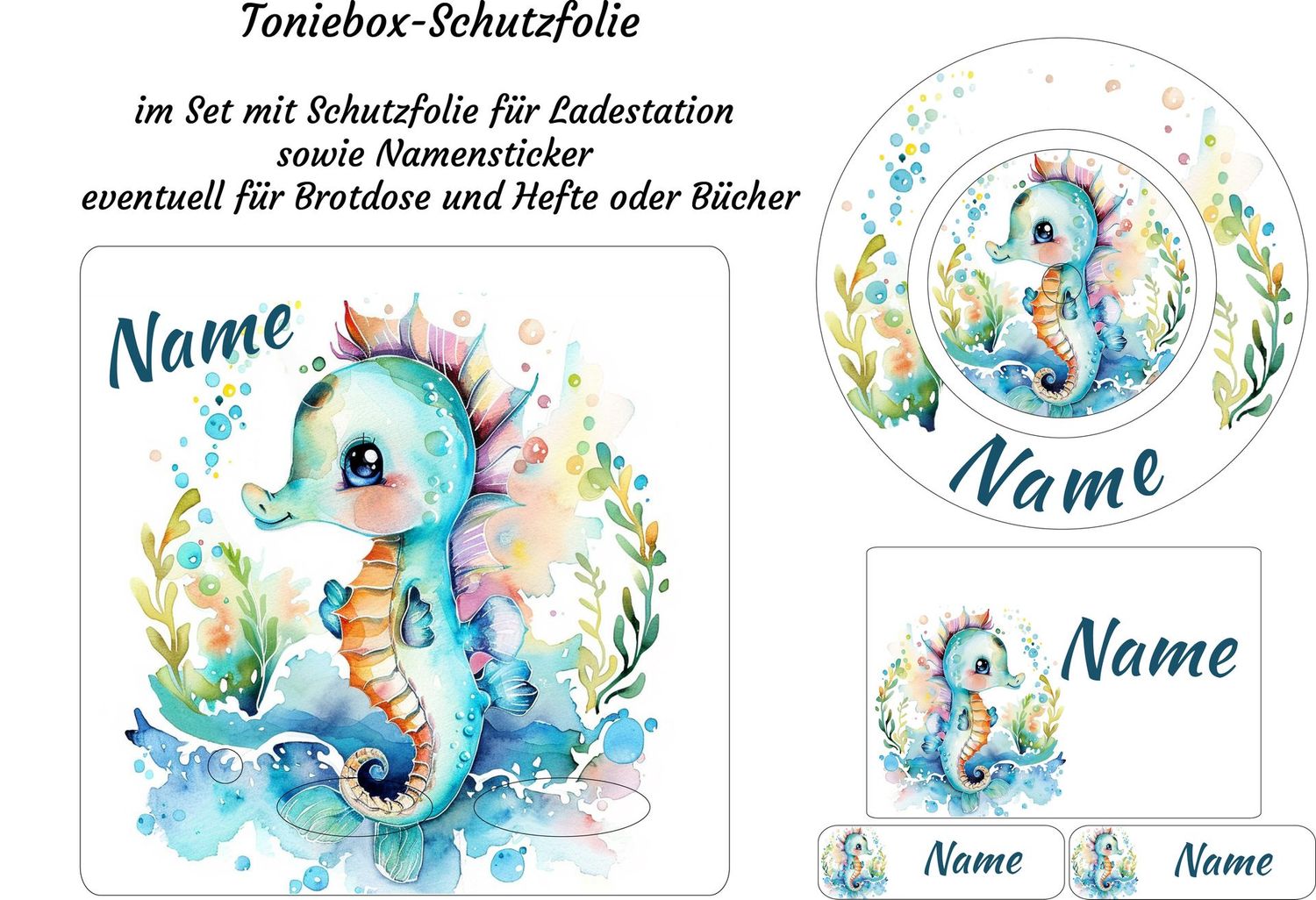 Schutzfolie für Toniebox und Ladestation personalisierbar sowie Namensticker Klebeetiketten | Seepferd