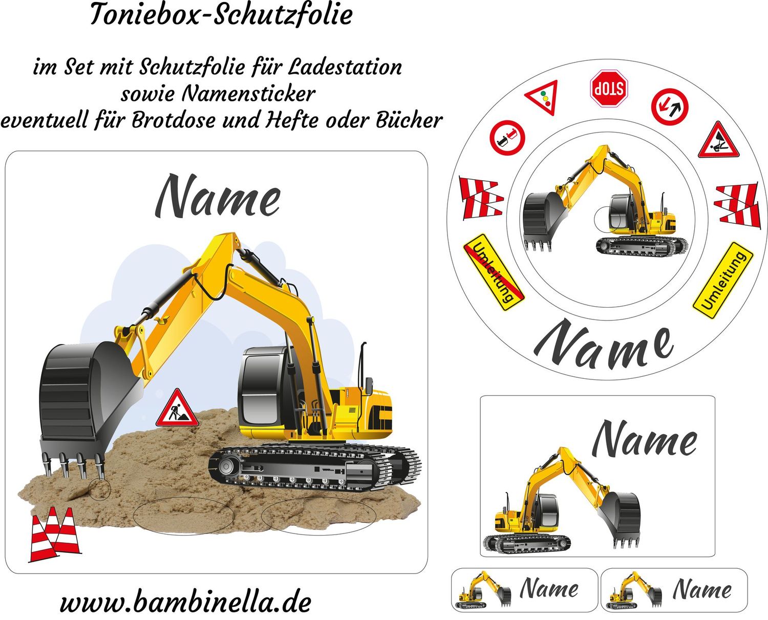 Schutzfolie für Toniebox und Ladestation personalisierbar sowie Namensticker Klebeetiketten | Bagger