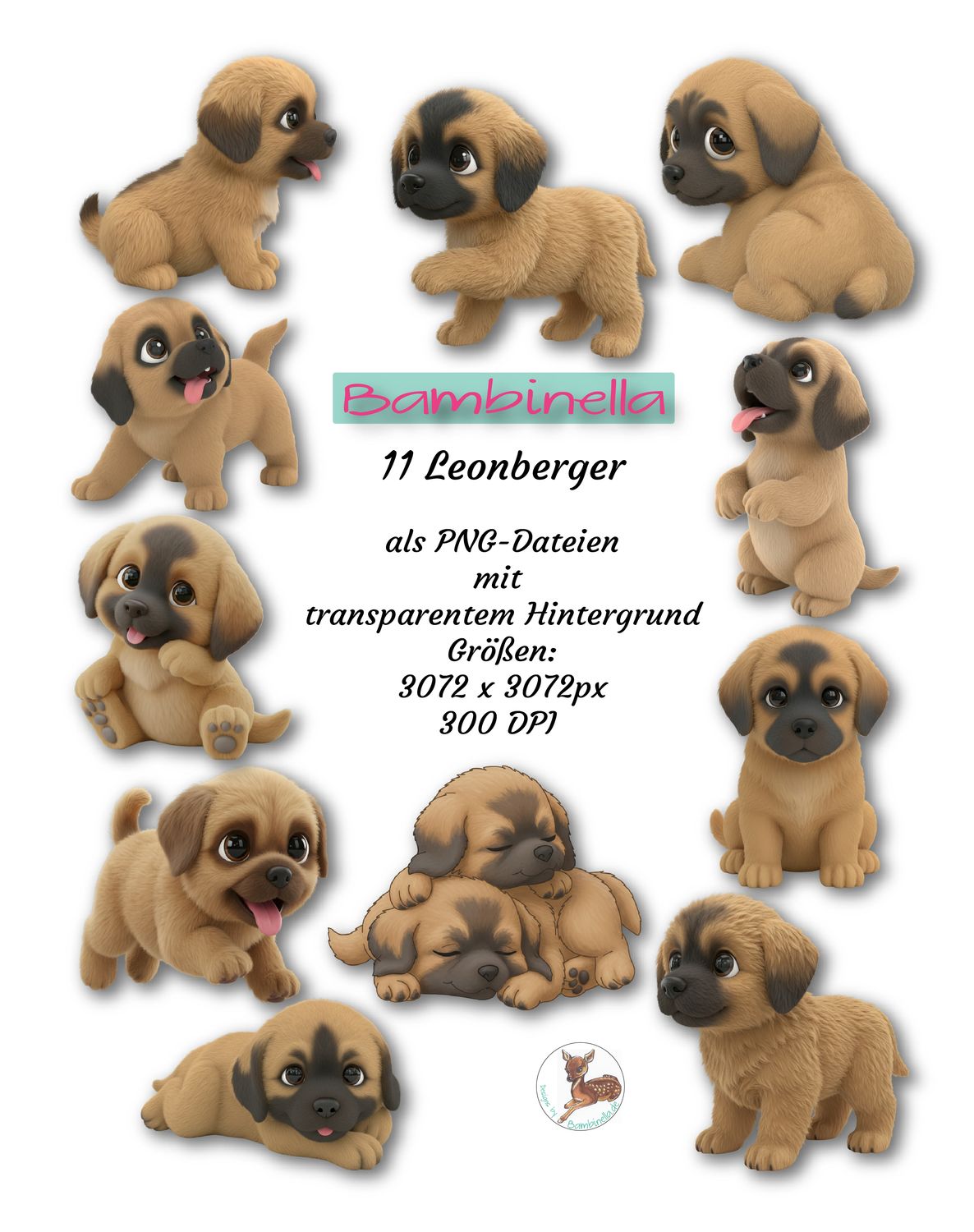11x Baby Leonberger –  hochwertige PNGs mit transparentem Hintergrund | 300 DPI Clipart für Sublimation, Basteln &amp; Druckprojekte