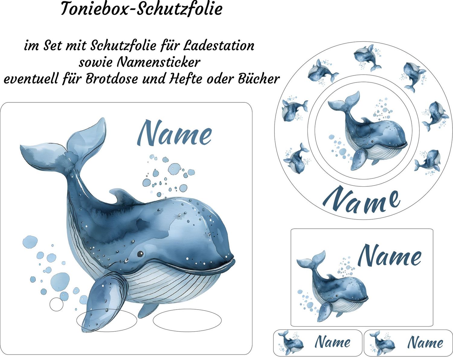 Schutzfolie für Toniebox und Ladestation personalisierbar sowie Namensticker Klebeetiketten | Wal