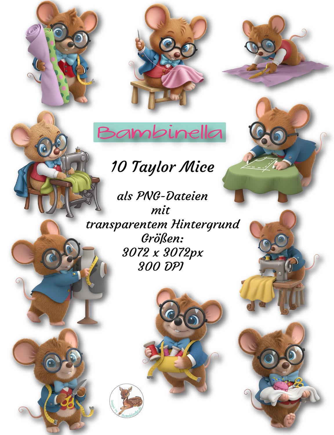 10x Taylor Maus – niedliche Schneider Maus, PNGs mit transparentem Hintergrund | 300 DPI Clipart für Sublimation, Basteln &amp; Druckprojekte