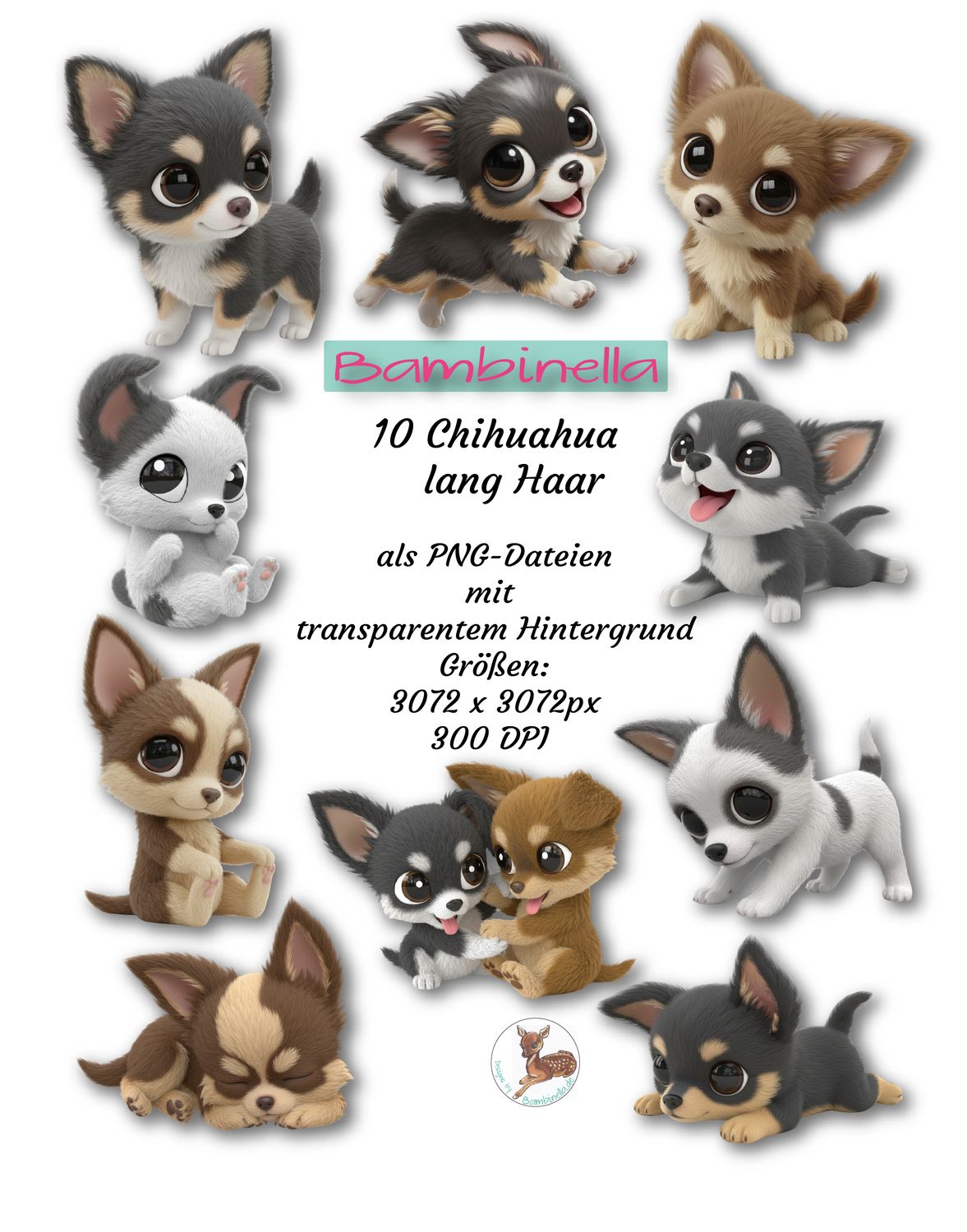 10x Baby Chihuahua Langhaar –  hochwertige PNGs mit transparentem Hintergrund | 300 DPI Clipart für Sublimation, Basteln &amp; Druckprojekte