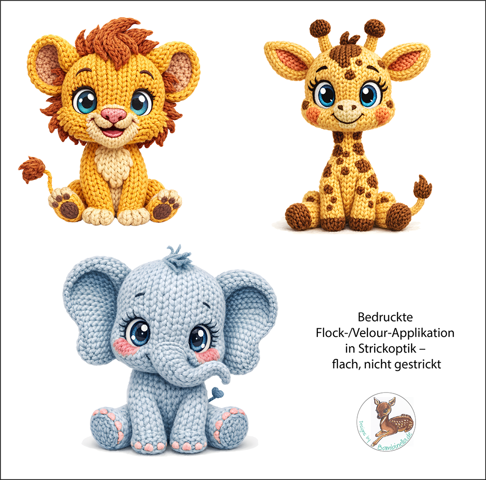 3 Bügelbilder im Set aus Velour/Flock in Strickoptik - Elefant, Giraffe und Löwe 3 Bügelbilder im Set aus Velour/Flock in Strickoptik - Elefant, Giraffe und Löwe