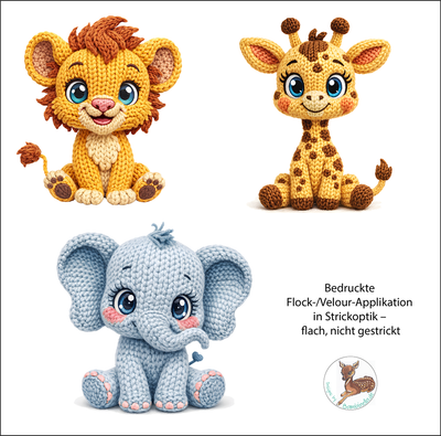 3 Bügelbilder im Set aus Velour/Flock in Strickoptik - Elefant, Giraffe und Löwe