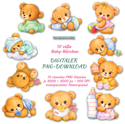10x Baby Bären PNG Set, süße Teddy Bärchen Downloads, Clipart für Sticker, ohne Hintergrund, für Sublimation und Plotter, Designed by Bambinella