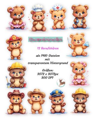 12 Berufsbären – niedliche Bären PNGs mit transparentem Hintergrund | 300 DPI Clipart für Sublimation, Basteln &amp; Druckprojekte