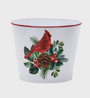 8.5" White &amp; Red Cardinal Pot Cover