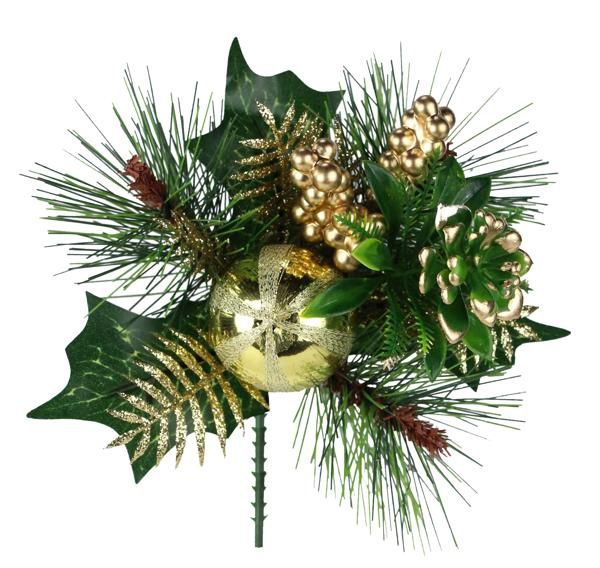 Gold/Green Ball Orn/Fern/Pine Package Pick 12/pkg