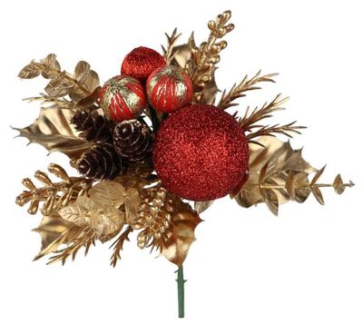 Gold/Red Ball Orn/Cone/Fern/Leaf Pkg Pick *12/pkg