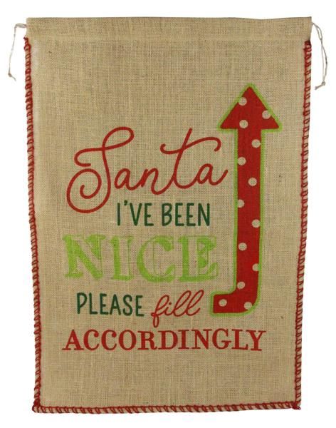 28"Hx19.5"L Burlap Bag - "I've Been Nice"