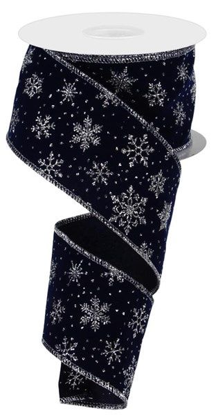2.5" x 100ft Glitter Snowflakes On Navy Velvet