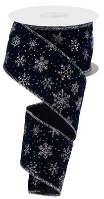 2.5" x 100ft Glitter Snowflakes On Navy Velvet