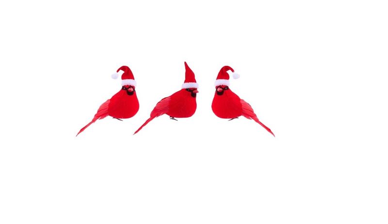 3 Asst 5.25"L Velvet/Feather Cardinal w/ Hats
