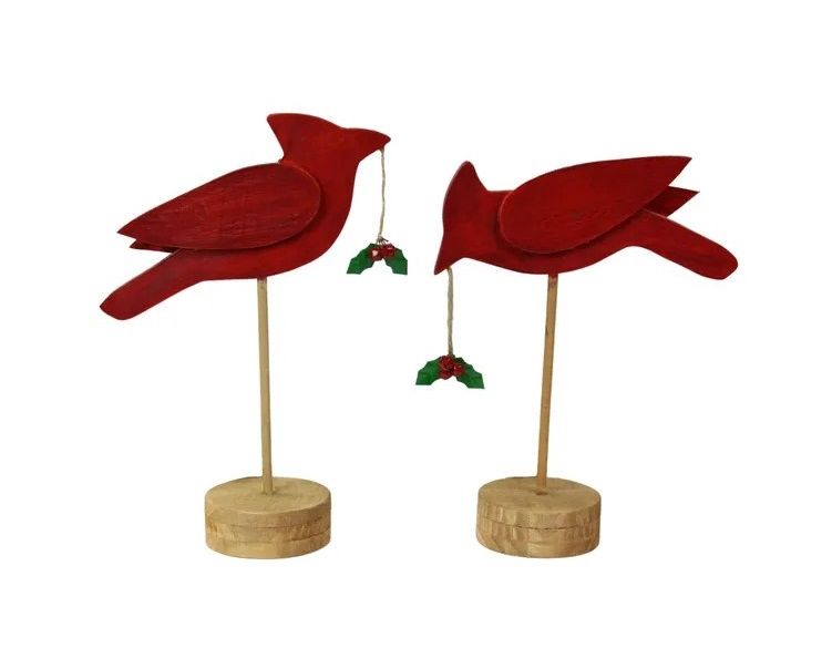 S/2 ~11.7-12.4"H Wood Cardinal W/Holly