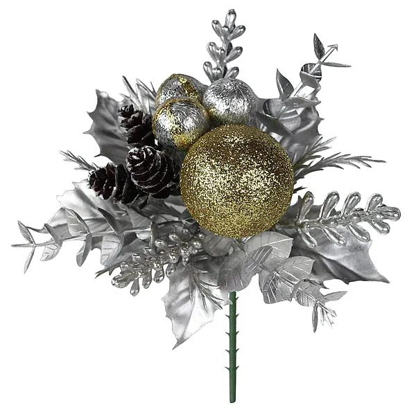 7"L Ball Orn/Cone/Fern/Leaf Package Pick